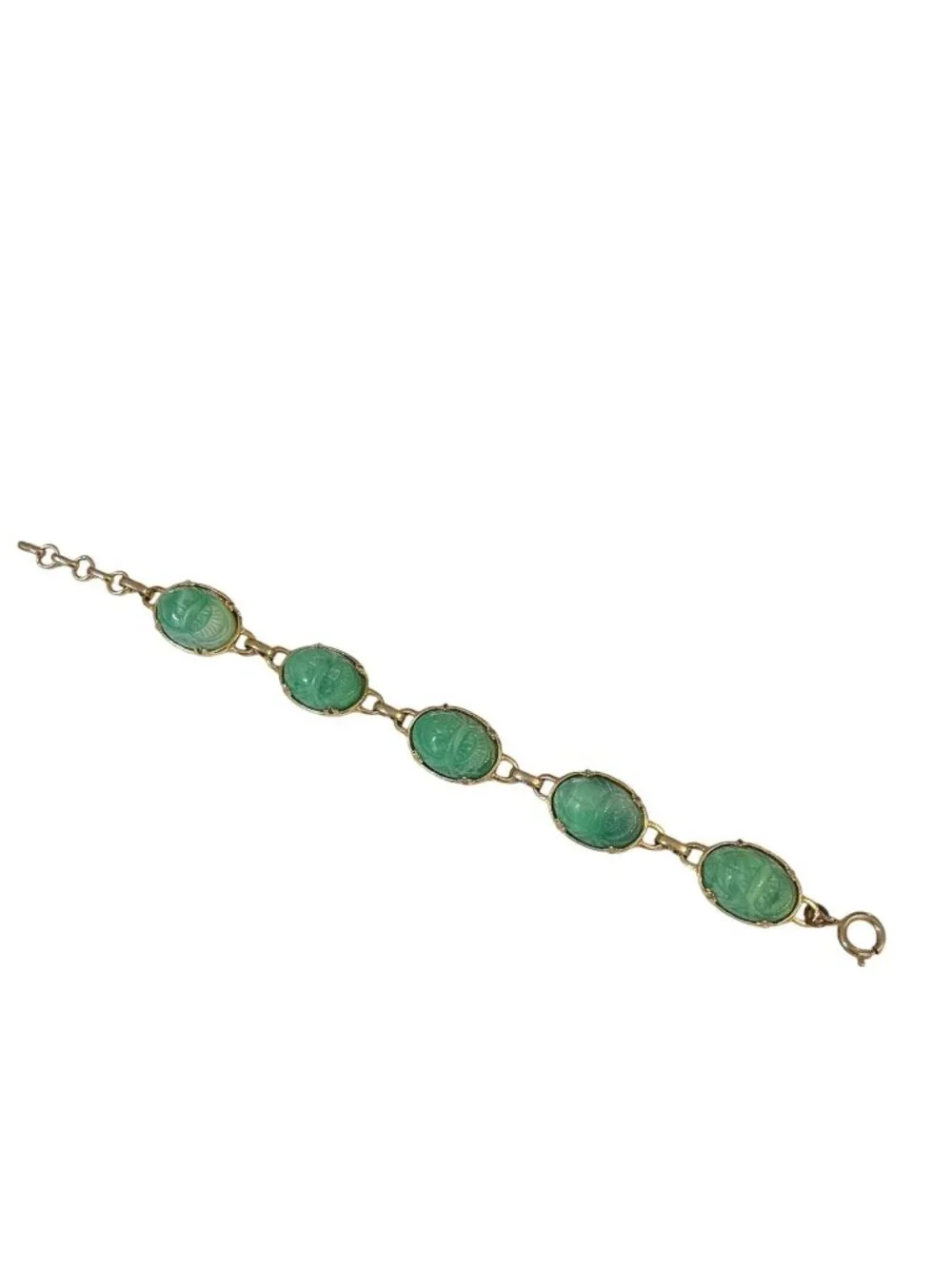 Vintage GoldTone Scarab Bracelet With Green Cabochons  Egyptian Revival Inspired - Picture 5 of 5